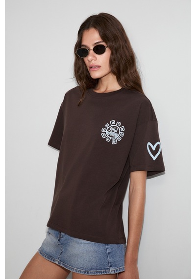 Grımelange Sahara Kadın Yumuşak Ve %100 Organik Pamuklu Baskı Detaylı Kahverengi T-shirt