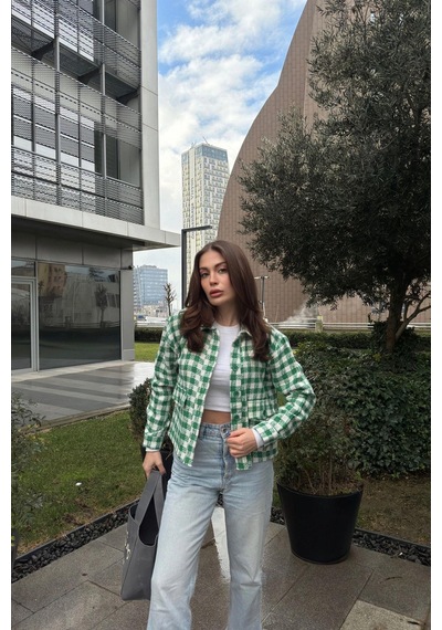Kadın Yeşil Çift Cepli, Pötikare Desenli, Rahat Kalıp, Kısa Tüvit Ceket Benetton