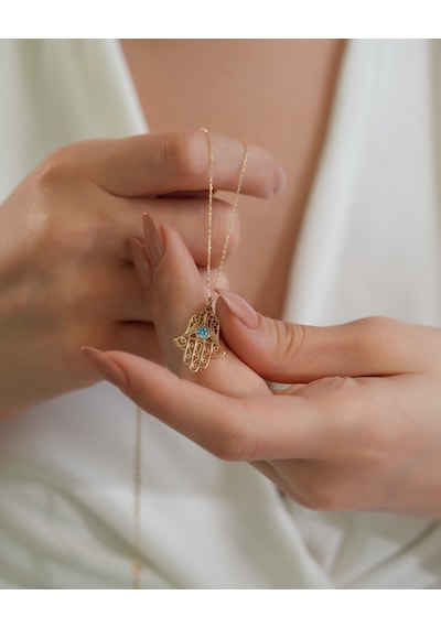 Debora Jewelry 14 Ayar Altın Mavi Zirkon Taşlı Fatma Ana Eli Kolye
