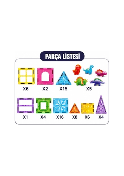 Vardem 67 Parça Manyetik Blok Oyuncak Seti, 7.5 Cm Büyük Parçalı Mıknatıslı Kale Yapım Oyuncağı, Dinozor Figürlü Renkli Manyetik İnşa Seti, Çocuklar İçin Eğitici Stem Oyuncak, Cpl108