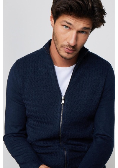 Tudors Slim Fit Desenli Dik Yaka Fermuarlı Lacivert Erkek Hırka-29571 Lacivert