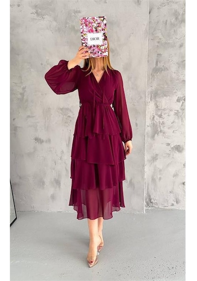 Dip Moda Kadın Astarlı Eteği Kat Kat Şifon Elbise Dpk2041 Bordo