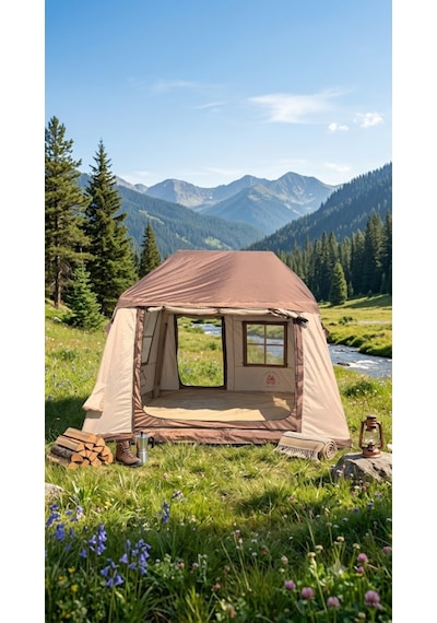 Shufa 260 220 200 Cm Otomatik Şişme Kamp Çadırı, Yağmur Brandası Ve 330 270 Cm Bağlantılı Gölgelik Dahil, 2 Büyük Şeffaf Tavan Pencereli, Aile Outdoor Kamp Çadırı Bej