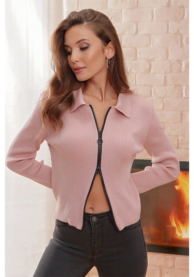 Aqe Fashion Çift Açılır Fermuarlı Polo Yaka Hırka Pudra