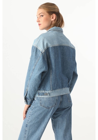 Kadın Renk Bloklu Oversize Jean Ceket Mavi 001