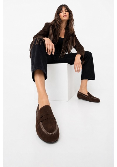 Luvi Shoes Francıs Kahverengi Süet Hakiki Deri Örgü Detaylı Kadın Loafer Ayakkabı