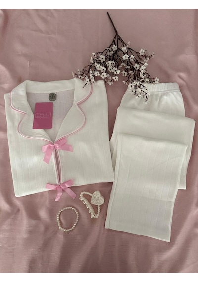 Mh Moony Homewears Hijo Pembe Kurdele Kışlık Termal Merlin Kumaş Pijama Takımı Pembe Ve Harika Krem