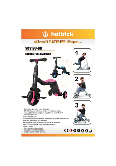 Hattrick Scs190-br 3 Fonksiyonlu Işıklı Müzikli Oturaklı Pedallı Mavi Çocuk Scooter