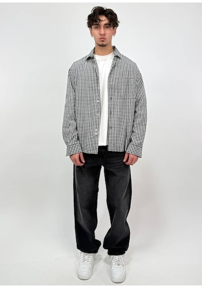 Zaee 404 Baskılı Kareli Oversize Gömlek siyah