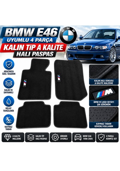 Bmw E46 Uyumlu 4 Parça Kalın Tip A Kalite Halı Paspas