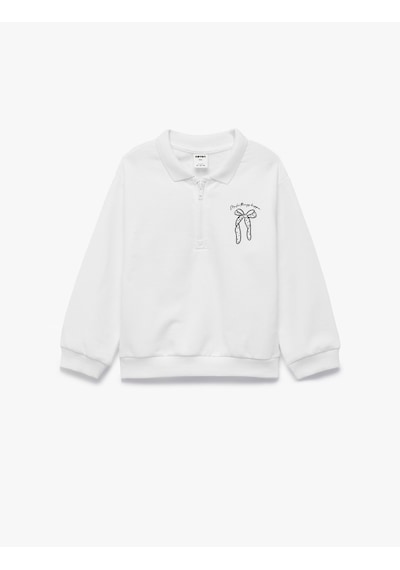 Koton Pamuklu Uzun Kollu Yarım Fermuarlı Polo Yaka Sweatshirt Ekru 7wmg10042ak