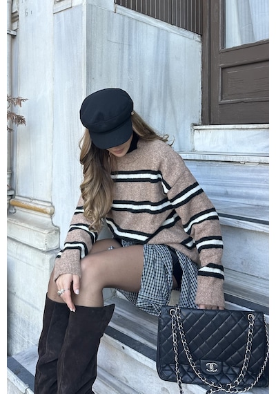 Laluvia Kahverengi Renkli Çizgili Oversize Triko Kazak - 2516 Kahverengi