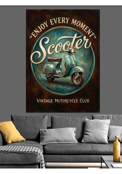 Retro Scooter Ve Özgürlük Yazısı Dekoratif Kanvas - Mdf Ahşap Tablo