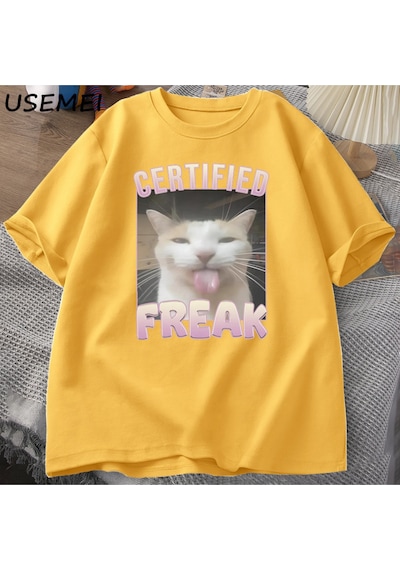 Flood Of Style Sertifikalı Freak Komik Kedi Meme T-shirt Adam Kısa Kollu Tişört Erkek Tshirt Erkek Giysileri Sarı