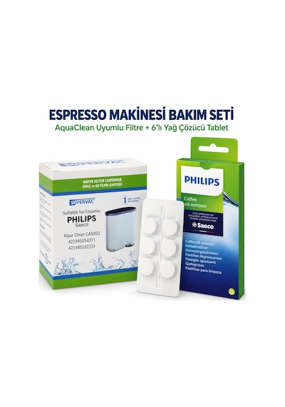 Philips Espresso Kahve Makinesi Bakım Seti Ca6903 Aquaclean Su Filtresi + Ca6704 Yağ Çözücü Tablet Beyaz