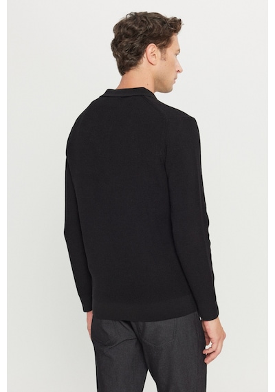AC&Co / Altınyıldız Classics Erkek Sıyah Pamuklu Standart Fit Normal Kesim Jakarlı Polo Yaka Triko Kazak SIYAH