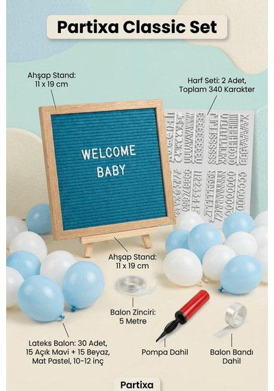 Hastane Odası Süsleme Hoş Geldin Bebek İlk Gün Classic Set Erkek Mavi Keçe Yazı Panosu Standlı Pompa Balon Zincirli Çocuk