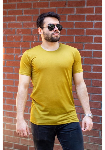 Azıcık Akıllı Erkek Koyu Sarı Basic Rahat İnce Petek Kumaş Spor Tshirt 22etshport 001