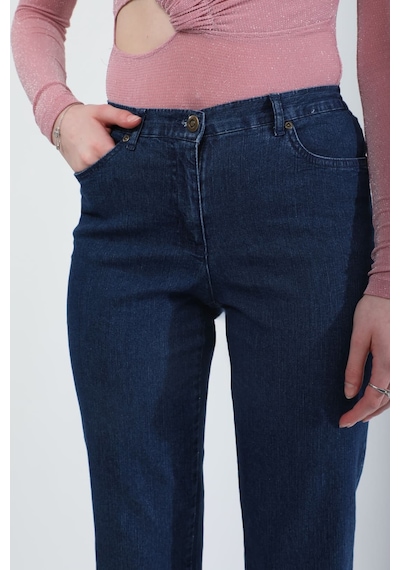 Blue White Kadın Beli Lastikli Likralı Esnek Jean Pantolon Koyu Mavi 34