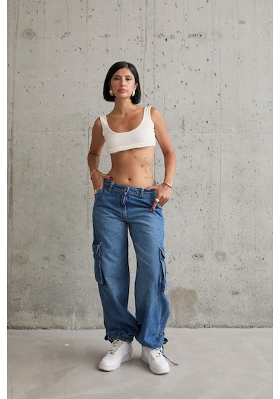 Hazego Mavi Yan Cepli Jeans Pantolon Mavi