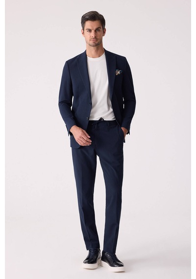 Erkek Lacivert Slim Fit Torba Cep Çizgili Jogger Pantolonlu Sivri