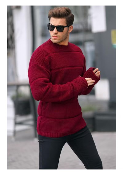 Bordo Bisiklet Yaka Örme Kazak Bordo