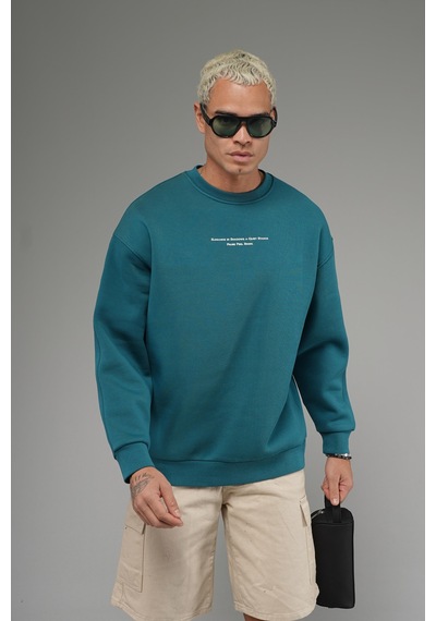 Nakış Detaylı Logolu Bisiklet Yaka Oversize Kalıp Sweatshirt Yeşil