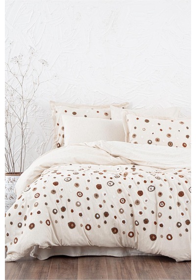 Ecocotton Lal Çift Kişilik Nevresim Takımı %100 Pamuk Keten Panç Nakışlı Bej 200x220 Cm-1527 Bej