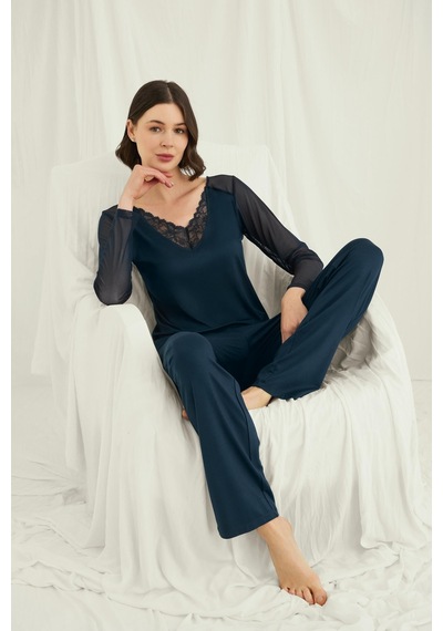 Monamise Kadın Sırt Dekolteli Uzun Kollu Tüllü Ve Dantelli Pijama Takımı 18680 Gece Mavisi