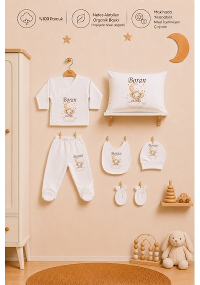 Pia Baby Erkek Bebek 7 Parça Hastane Çıkışı Seti %100 Pamuk Kişiye Özel İsimli Zıbın Set 1035zyb0x Ekru