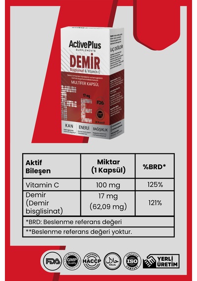 Active Plus Demir Bisglisinat & Vitamin C Multifer 30 Kapsül
