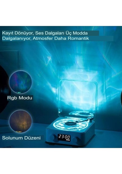 Retro Pikap Hoparlör Kablosuz Bluetooth Plak Tarzı Çalar Stereo Ses Rgb Projeksiyon Lambası Etkili