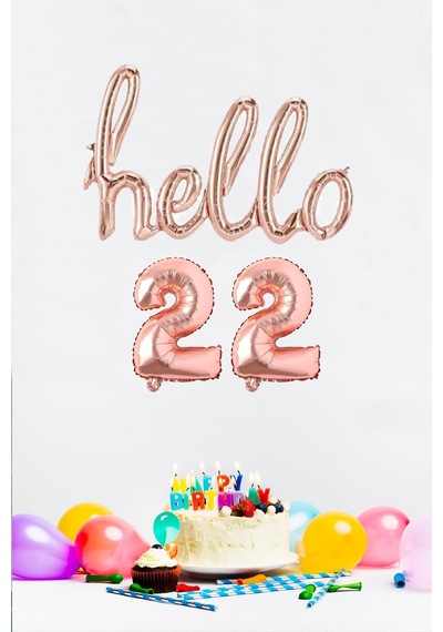 22 Yaş Doğum Günü Balonları - Hello 22 El Yazısı Rose Gold Renk Folyo Balon Rose Gold