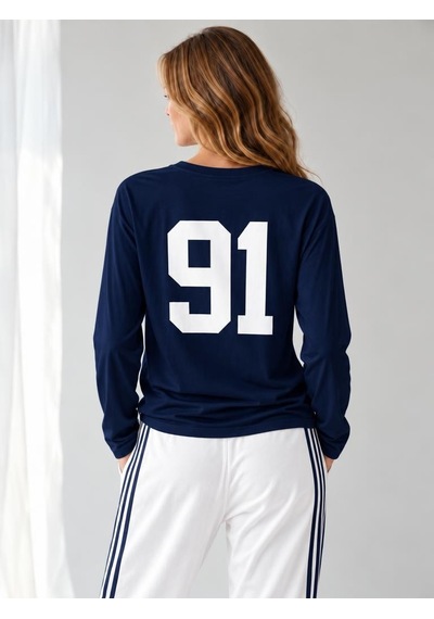 Nealirsanall.com Kadın "91" Baskılı Uzun Kollu İnce Sweatshirt / Body Lacivert