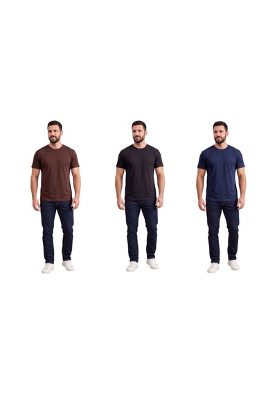 Bigmost Erkek 3'lü Set Premium Modal Kumaş Regular Fit Basic Tişört Siyah - Lacivert - Kahve