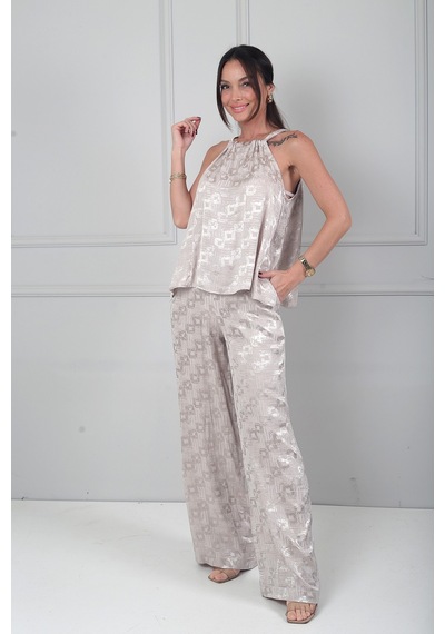 By Saygı Kadın İnce Askılı Bluz Beli Lastikli Cepli Palazzo Pantolon Geometrik Desen Saten 2'li Takım Bej By Saygı Kadın İnce Askılı Bluz Beli Lastikli Cepli Palazzo Pantolon Geometrik Desen Saten 2'li Takım Bej