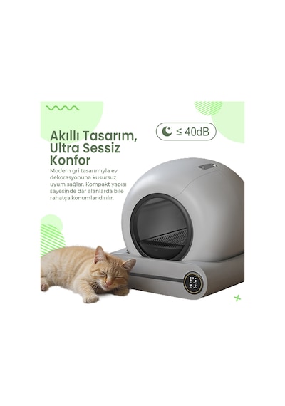 Msp01 Gri Akıllı Otomatik Kedi Tuvaleti, App Kontrol, 65lt Hazne, 9lt Atık Haznesi,iyonizer Kötü Koku Giderici