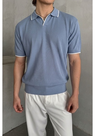 Erkek Oversize Selanik Polo Yaka Triko T-shirt Açık Mavi