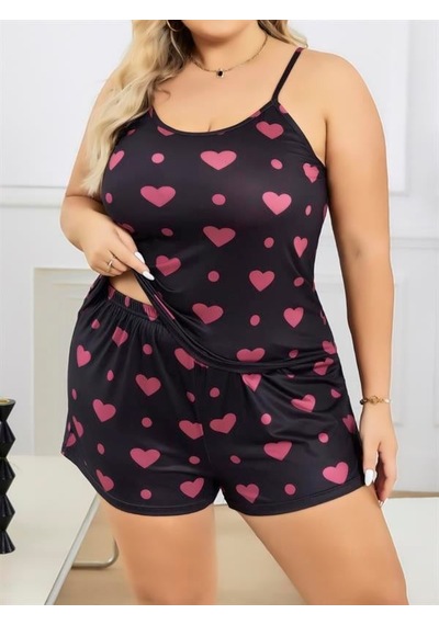 Gizers Giyim Büyük Beden Siyah Kalp Desen İnce Askılı Pamuklu Şortlu Pijama Takımı