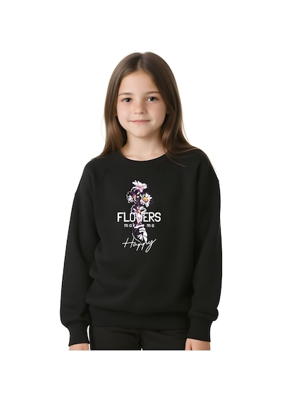 Flowers Baskılı Kız Çocuk Yuvarlak Yaka Siyah Sweatshirt Siyah