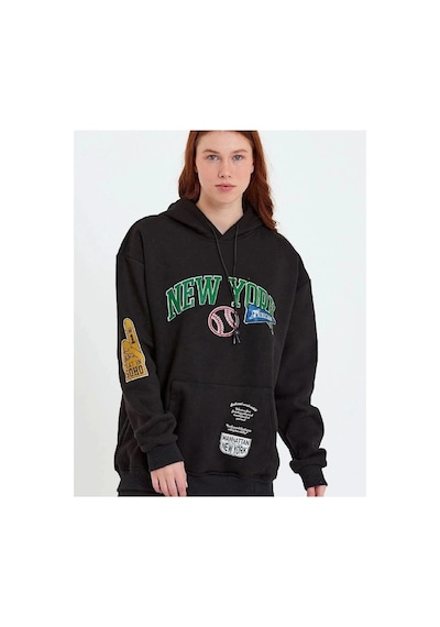 Kadın Oversize Kapüşonlu Cepli Ön Kol Baskılı 3 İplik Pamuklu Hoodie Sweatshirt - Siyah