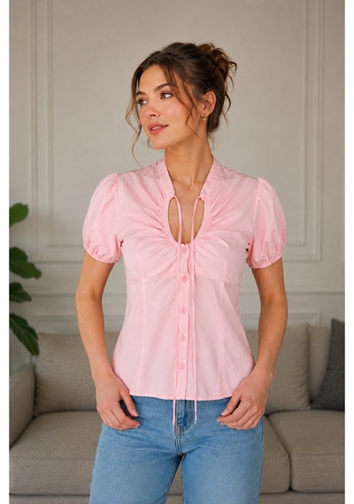 Verymoda Yakası Büzgülü Balon Kol Kadın Gömlek Pembe