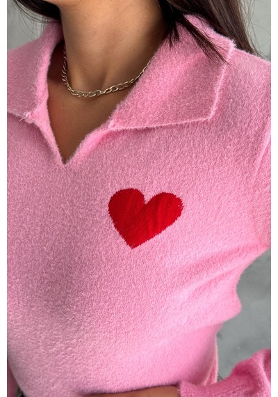 Femelle Kadın Pembe Standart Beden Polo Yaka Kalpli Pamuk Triko Kazak