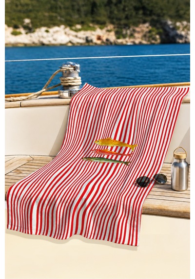 Balık Temalı Çizgili Marine Plaj Havlusu - Kırmızı Beyaz Akdeniz Stil Hızlı Kuruyan Mikrofiber Havlu Kuru Yakamoz