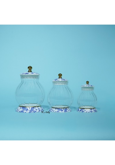 Blue Life 3'lü Cam Porselen Çay Şeker Kavanozu Çok renkli