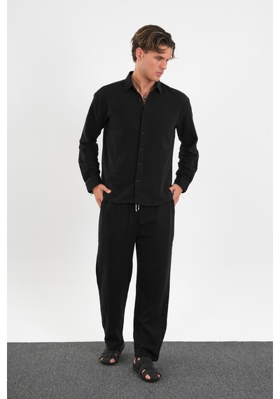 Flare Kışlık Baggy Pantolon Oversize Gömlek Alt Üst Takım %100 Pamuk Siyah