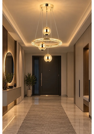 Modern Premium Gold Halka 3 Renkli Ledli Sarkıt Avizesi Salon Mutfak Çocuk Odası Şık Modelleri 84w Beyaz