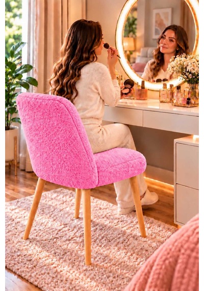Arya Makyaj Masası Sandalyesi Teddy Kumaş Ahşap Ayaklı Dekoratif Sandalye Mutfak, Salon, Makyaj Pufu Ve Çalışma Sandalyesi Pembe Arya Makyaj Masası Sandalyesi Teddy Kumaş Ahşap Ayaklı Dekoratif Sandalye Mutfak, Salon, Makyaj Pufu Ve Çalışma Sandalyesi Pembe