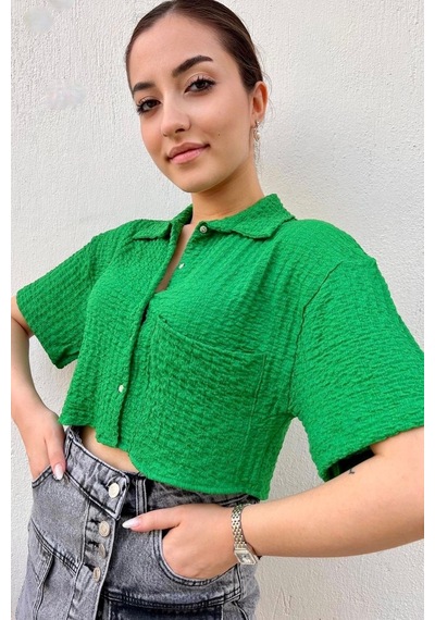 Bbbutikbasic Bürümcük Cepli Crop Gömlek Yeşil