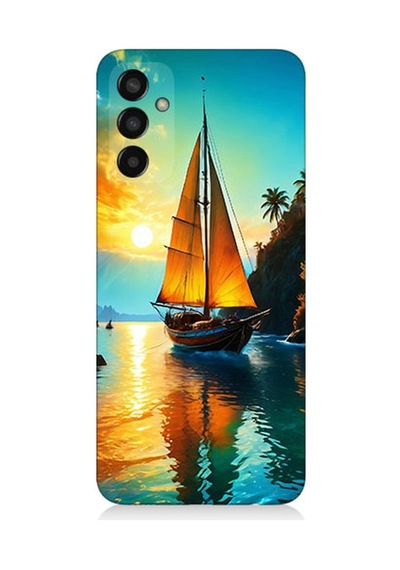 Samsung Galaxy M13 Uyumlu Gün Batımında Yelkenli Tekne Desenli Silikon Kılıf Çok Renkli